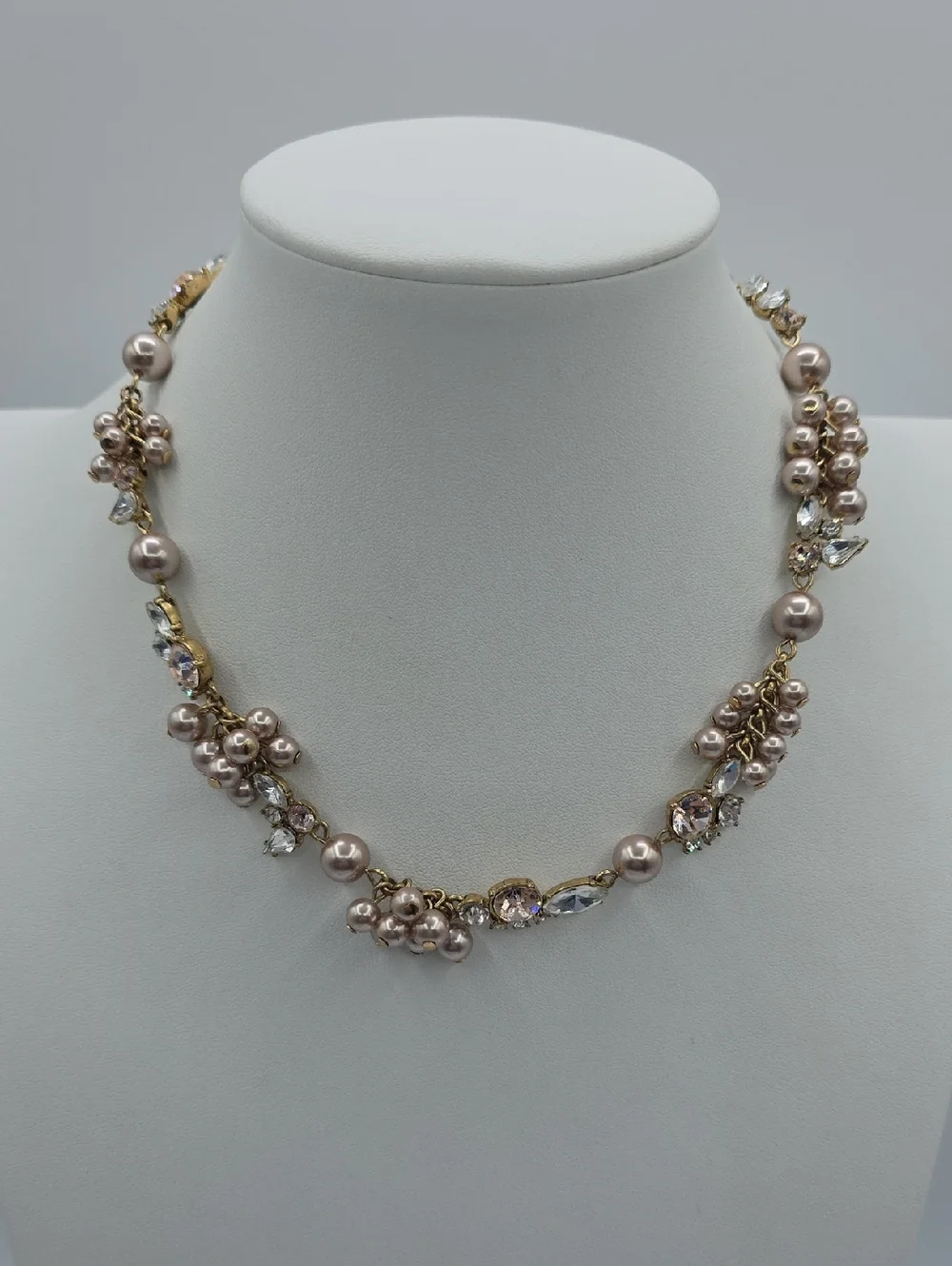 J. Crew Gold-Tone Necklace with Blush Pearl Clusters and Clear Crystals